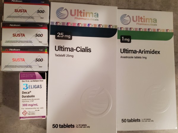 Deca 300 for size and joints at 300mg per week.  Cialis for ''well being'' and sex drive at 12mg every other day. Supra Testosterone. Nice to inject less but a bit painfull sometimes. 500mg per week. Arimidex 1mg 2 times per week was enough to control sides. Packed safely. Landed in 2 weeks. Excellent as always with Pmroids.