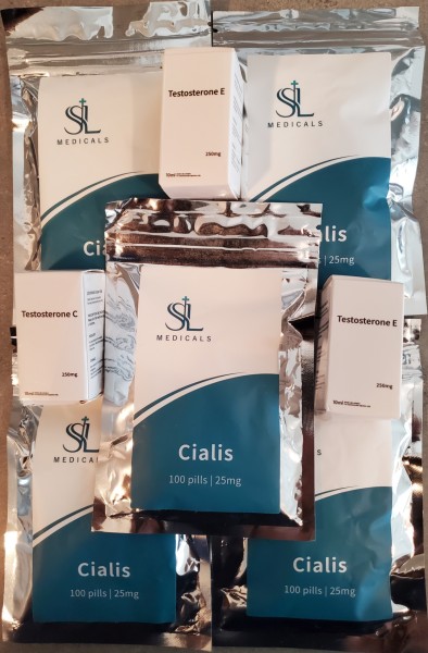 3 vials of Test E250 and 5 bags of 100 tabs 25mg Cialis. Super happy. Great stuff and very potent. Nice well being combo for men.