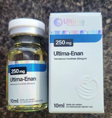 Ultima Test Enanthate 250 Bottle and Box. Box has QR code on side to verify legitimacy of the product and the bottle comes in a 10ml/ 250mg/ml formula. Easy to draw and mostly painless injection. Highly recommended for TRT, any cycle with Test E as the base, or for low dose bridges between larger cycles. 5/5*